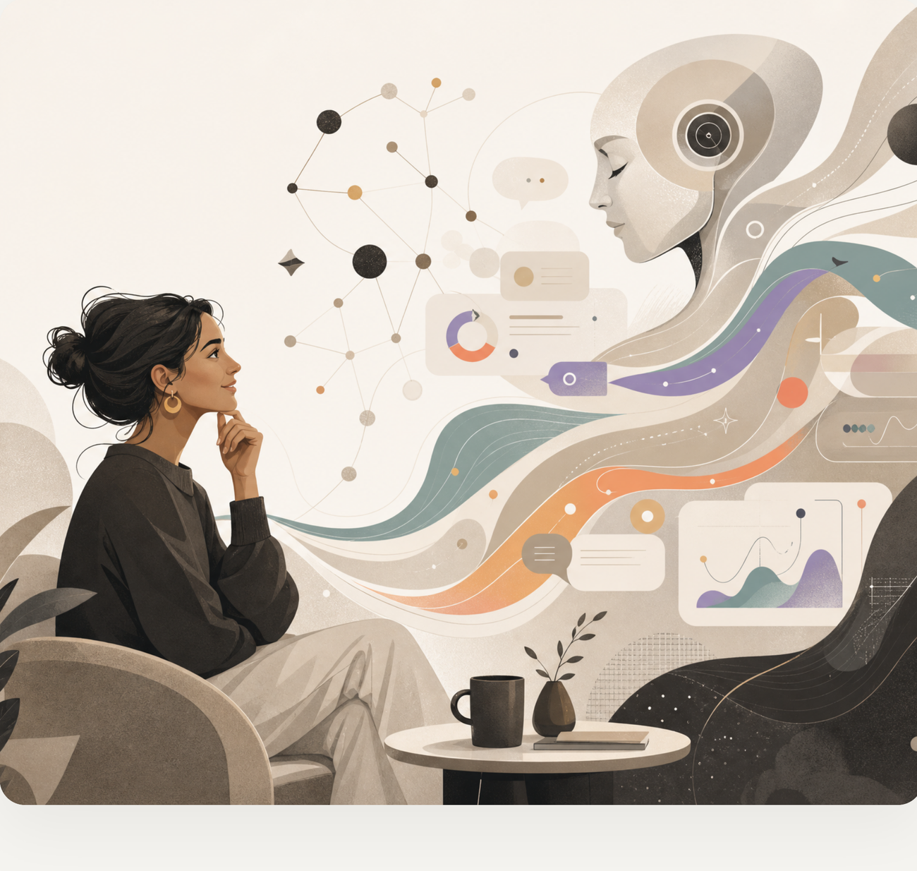 A woman in thought beside a flowing illustration of an AI reading and structuring her brand's signals.